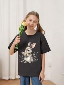 少女卡通兔子印花T恤，适合复活节假期、休闲、街头风，时尚少女夏季上衣。理想的复活节礼物，完美庆祝复活节快乐！ - 深灰色 - 查看 2