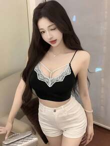 新款夏季法式蕾丝边吊带背心，露背设计，修身百搭 - 黑色 - 查看 4