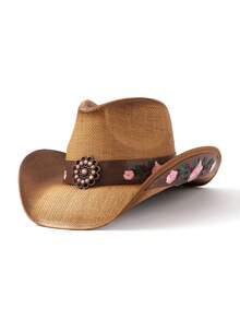 1pc Rose Embroidered Bohemian Straw Panama Hat, Beach Vacation Sun Hat, Versatile Fashion Gift For Women - Panama Hat - View 7