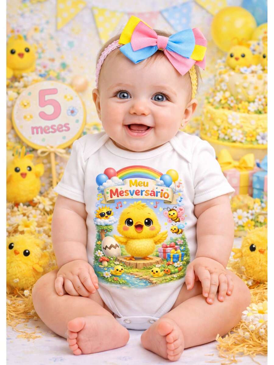 BODY + LAÇO BEBE MENINA PINTINHO AMARELINHO MESVERSARIO TEMATICO/ KIT MESVERSARIO - KIT PINTINHO - Visão 1
