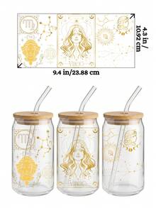 12星座UV DTF转印贴纸，适用于16盎司Libbey玻璃杯（尺寸9.4x4.3英寸），无需加热，所有星座均采用金色星空女神占星图案，防水可移除贴纸，DIY个性化生日礼物 - Zodiac 01 - 查看 6