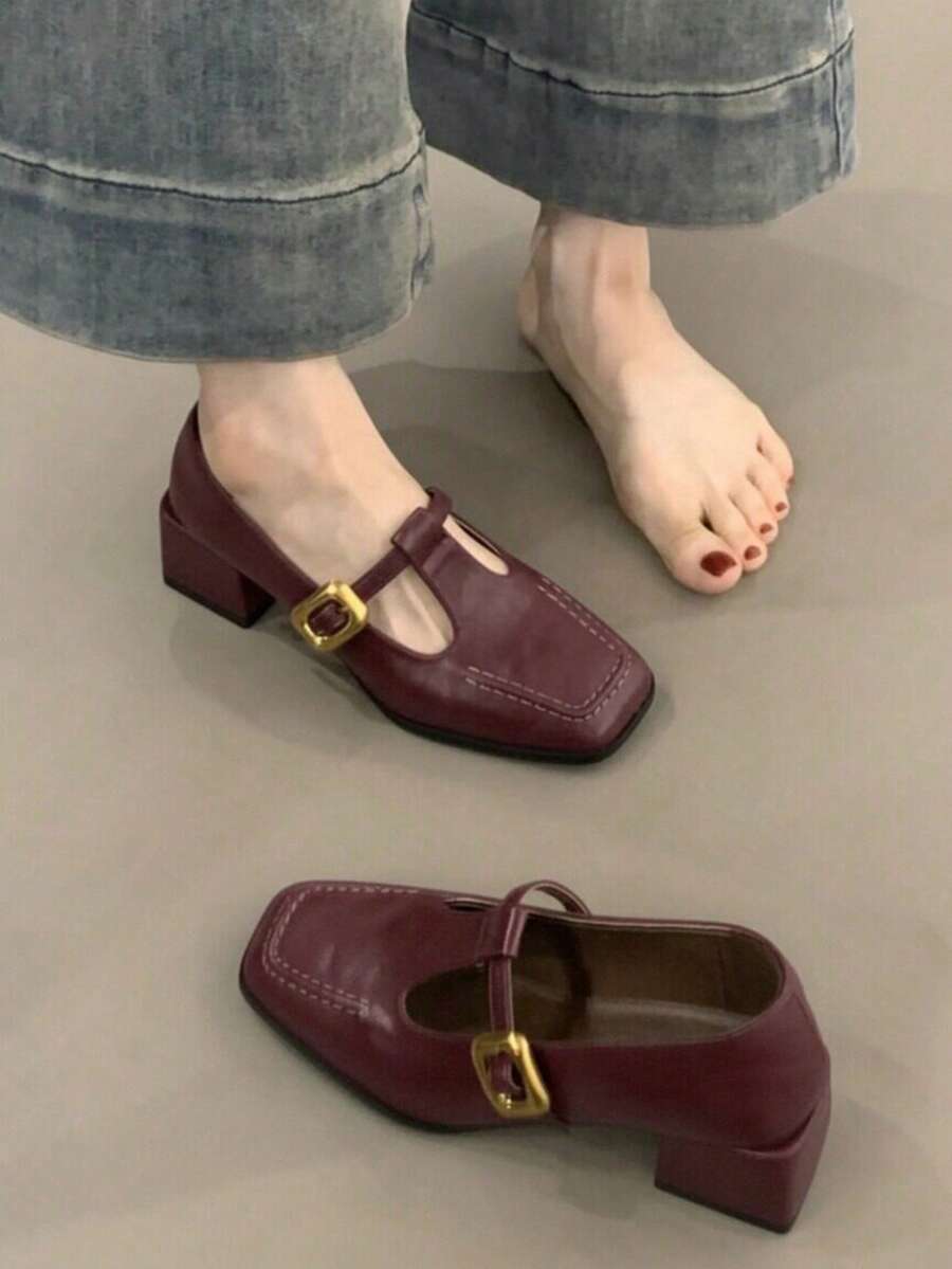 2025 Nouvelles Chaussures Vintage Mary Jane pour Femmes, Chaussures Élégantes de Style Français à Talon Épais et Basse, Automne - Rouge foncé - Voir 1