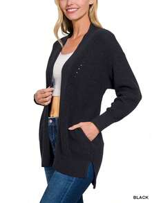 Womens Casual Cardigan Classic Chunky Knit Relaxed Fit Open Front Sweater With Side Pockets Long Sleeve Basic Layer Black Ribbed Hem Cozy Autumn Winter Daily Wear Essential Outerwear - 黑色 - 查看 1
