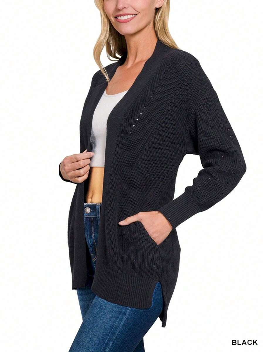 Womens Casual Cardigan Classic Chunky Knit Relaxed Fit Open Front Sweater With Side Pockets Long Sleeve Basic Layer Black Ribbed Hem Cozy Autumn Winter Daily Wear Essential Outerwear - 黑色 - 查看 1