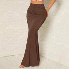 Women High Waist Elastic Pleated Fishtail Skirt Autumn Winter Slimming European American Style Skirt For Daily Casual Party Wear  Fashionable Skirt - 卡其色 - 查看 4