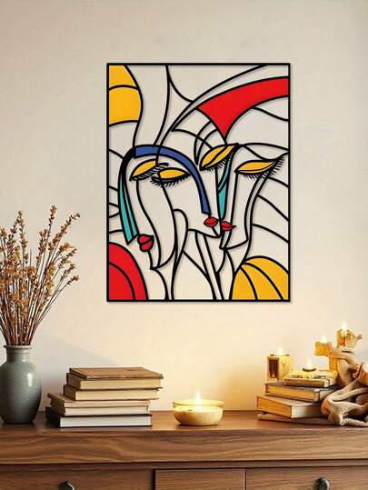 One Vibrant Picasso-Style Metal Wall Art Piece Featuring Three Female Faces, Suitable For Doorplates Or Wall Decoration. A Picasso Metal Mural, Home Decor, Housewarming Gift, Or Metal Craft. A Brightly Colored Home Sign, Perfect For Farmhouse Bedrooms, Living Rooms, Or Offices. Ideal For Outdoor Porches And Patios.