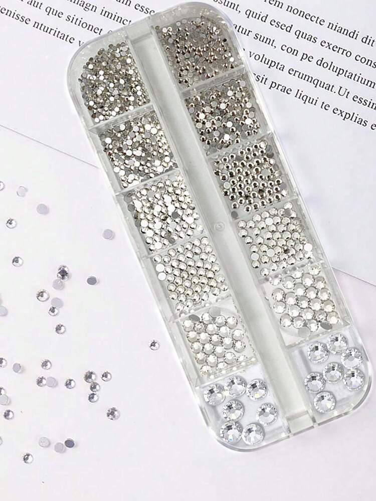 12pcs Grid Nail Art Rhinestones, Size 1.5mm-5mm, 3D Nail Glass Crystal Clear Gems, Jewel Pearl Crystals, 3D Charm Stones, Multi-Shape 3D Nail Diamonds, Suitable For Nail Art And DIY Decoration. 1 Box Nail Art Rhinestones, Flat Bottom Diamonds, Pearl Nail Jewelry, Applicable For Acrylic Nails, Crystal Nail Supplies, Semi-Circle Nail Gems. - White - View 4