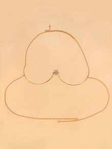 1 pieza Colgante de pecho para fiesta de playa sexy, colgante floral con rhinestones de moda europea y americana, cadena sensual para el Body - Dorado - Ver 2