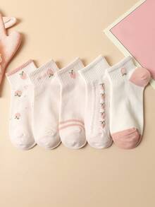 5 pares de calcetines cortos de boca poco profunda, color rosa, con diseño lindo de melocotón, para primavera/otoño - Multicolor - Ver 2