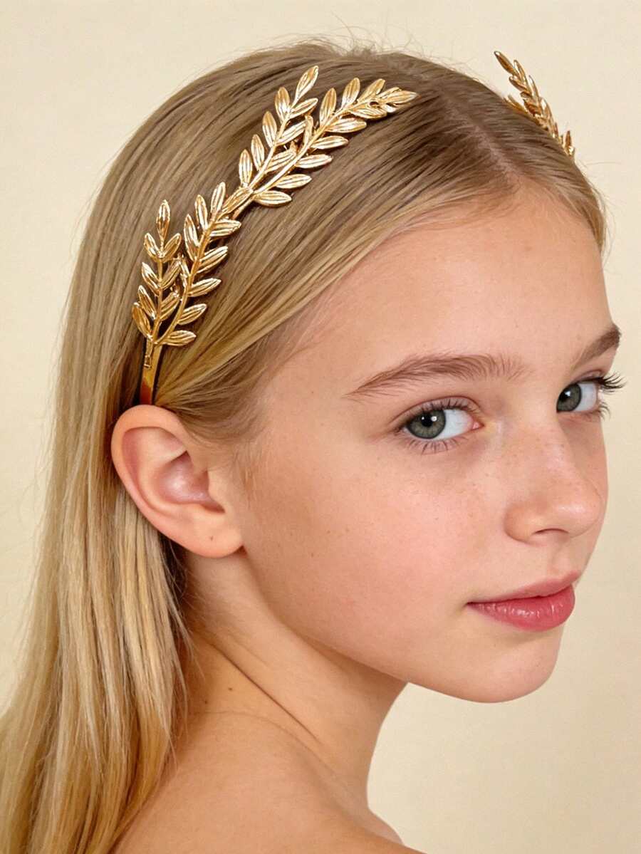 1pc Of Golden Leaf Back-Wearing Headband In Baroque Style, Olive Branch Design, Elegant Goddess High Crown Fashion Metal Hairpin Headband For Brides - Multicolor - View 1