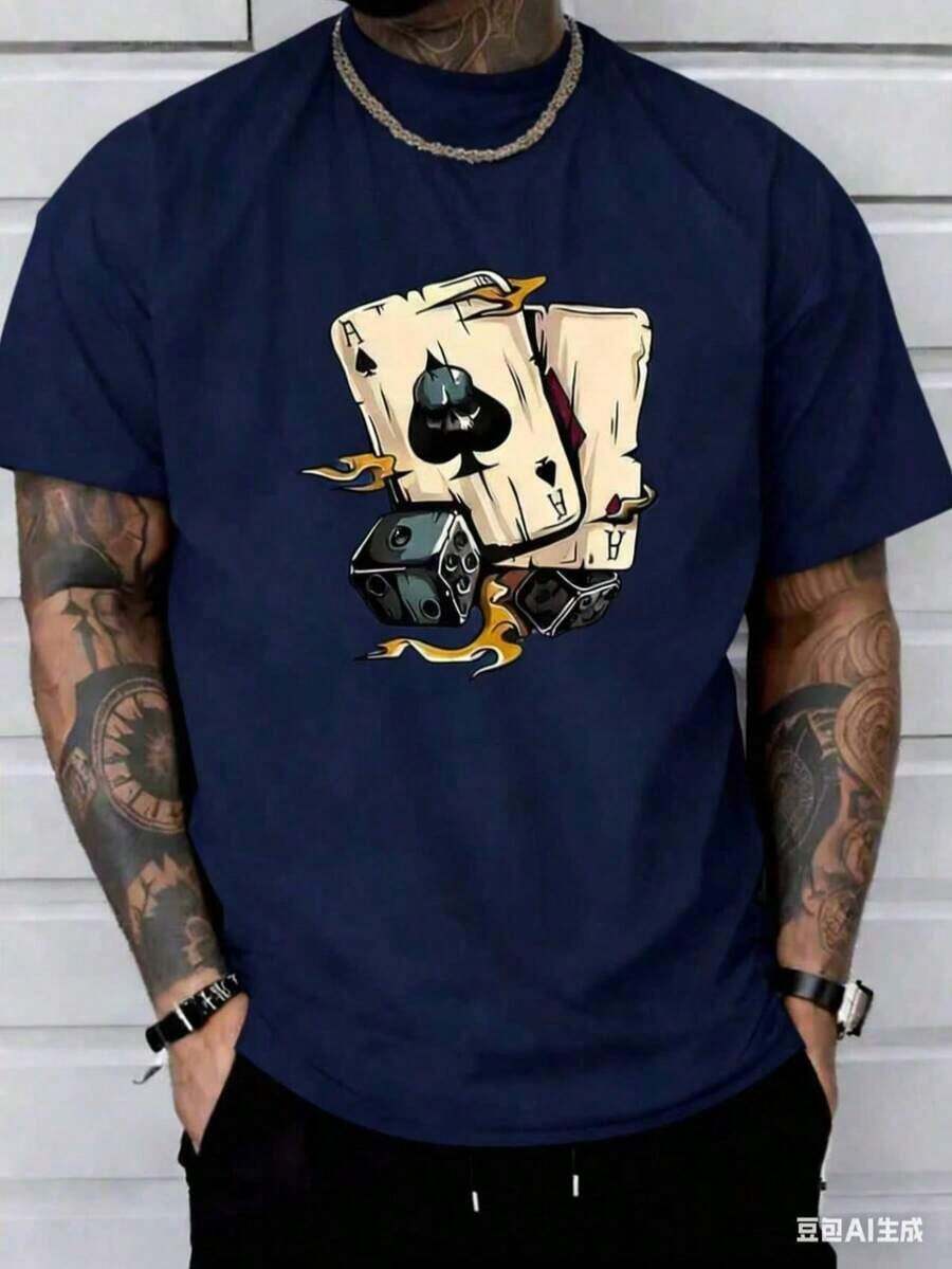 (220 Cotton-Shirt)    Summer Round Neck Short Sleeved Casual Cotton   Poker-White And Navy Off--Shoulder Cropped TopUnisex Casual-Shirts - Màu xanh hải quân - Xem 1