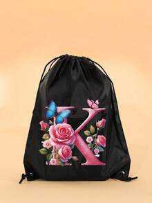 1pc Summer New Floral & Letter Outdoor Sports Bag, Football Backpack, Basketball Backpack, Boys & Girls Sports Bag, Hiking Backpack, Large Capacity Lightweight Drawstring Bag - Black - View 5