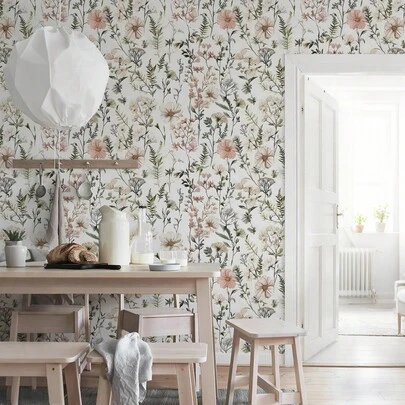 1卷粉色碎花自粘可移除防水乙烯基壁纸，无缝剥离粘贴，适用于客厅装饰墙、家居装饰、厨房墙面、室内墙面和家具翻新，卷尺寸：44厘米 x 3/5/10米