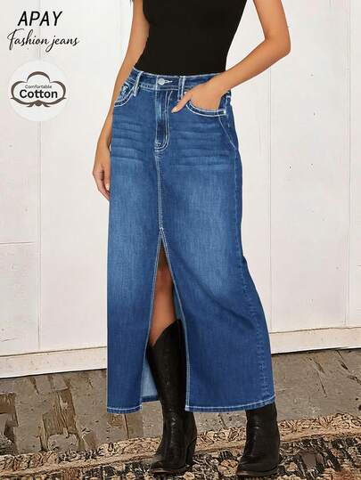 女式复古前开衩西部牛仔迷你裙