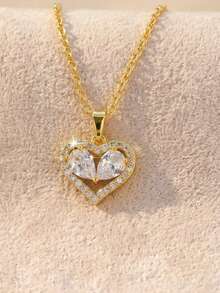 1件优雅金色心形吊坠项链，情人节礼物 - 圆形切割透明钻石和粉色蓝宝石叠层浪漫珠宝礼品 - 彩色 - 查看 7