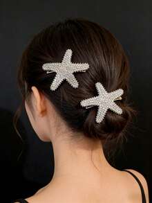 2 piezas Elegantes Pinzas para el cabello de mujer con cristales brillantes de aleación en forma de estrella de mar, adecuadas para flequillo, mechones laterales, fiesta, uso diario, estilo bohemio chic - Plateado - Ver 7