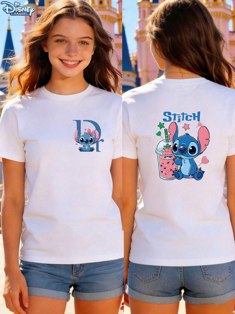 Soft Cotton T-Shirt | Disney Lilo & Stitch "Strawberry Boba" Front & Back Graphic | Casual Daily WearMade From Soft, Comfortable, And Durable Pure Cotton, This Is An Ideal Choice For Spring And Summer. This Crew Neck T-Shirt Is Suitable For Various Occasions, Including Everyday Wear, Shopping, Parties, Travel, And Gatherings, And Also Makes A Thoughtful Gift. - 白色 - 查看 1
