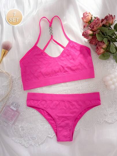 1 Set Seamless Comfortable Breathable Sweet Heart Pattern Lingerie Set, Halter Backless Bra & Panty, Sexy Nightclub Party Style