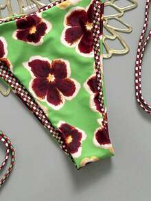 2pcs Retro Floral Colorblock Plaid Print Personalized Women Bikini Swimwear, Suitable Beach, Pool, Cruise, Party In Spring And Summer - 綠色和紫色 - 查看 3