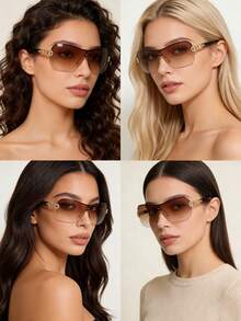 2副Y2K未来主义时尚环绕式大框眼镜，链条装饰设计，适合街头摄影、旅行、派对、日常穿搭、钓鱼、露营等场合。 - 2pc(雙茶和雙灰) - 查看 3