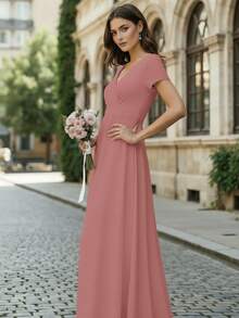 Vestido de Dama de Honor de Cuello Cruzado y Manga Corta Elegante para Mujer - Rosa Pálido - Ver 4