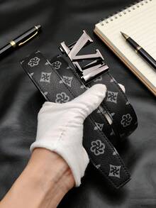 男士自动扣腰带，字母印花V型扣休闲卡通印花腰带，长度120厘米，适合派对和日常穿着。 - 白色 - 查看 4