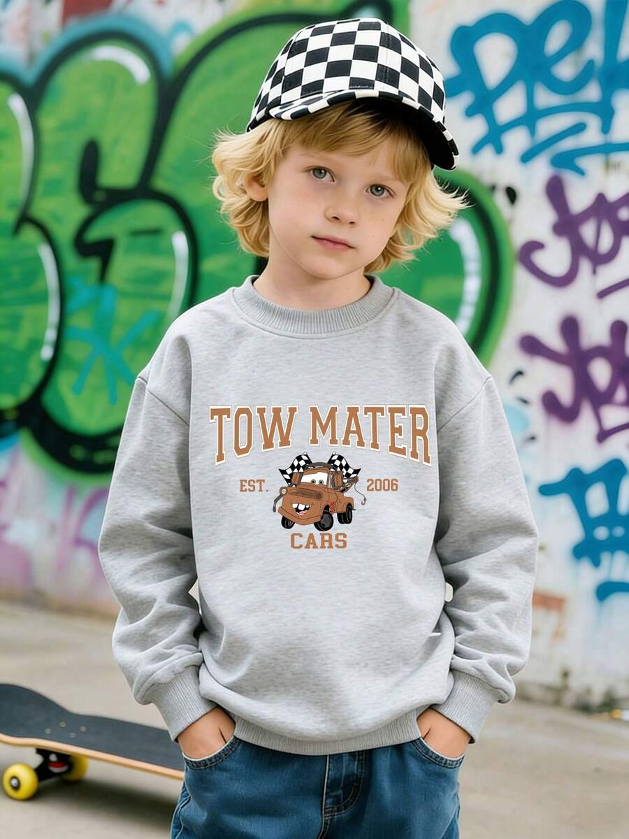 Disney Cars Lightning McQueen Graphic Hooded Sweatshirt - A Round-Neck, Casual Summer Top Suitable For Both Boys And Girls, Perfect For Holiday Parties, Gatherings, Outdoor Activities, And Everyday Casual Wear. - 灰色 - 查看 1