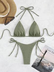 女士夏季海滩度假风新款欧美波点印花露背系带开衩比基尼套装 - 軍綠色 - 查看 1