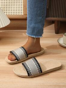Nouvelles sandales d'été en lin naturel imprimées de lettres pour femmes, mules respirantes polyvalentes en kaki avec croisillons - Noir et Blanc - Voir 3