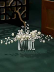 1件手工珍珠水晶新娘发梳，优雅树叶造型婚纱配饰，浪漫森林风发夹 - 彩色 - 查看 11