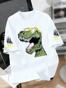 1件男童圓領恐龍「DINSAUR」爪印寬鬆版型T恤，柔軟舒適面料，適合春夏日常穿著 - 白色 - 查看 1