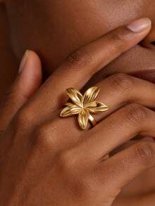Anillos de flor de acero inoxidable para mujeres y hombres, color dorado vintage, con pétalos abiertos y ajustables, joyería de regalo - JZ9110G - Ver 9