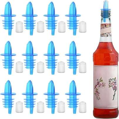 12 PCS Bottle Pourers And 12 PCS Rubber Pourers Dust Cap Covers Syrup Pourer Pour Spouts Plastic Liquor Bottle Pourers With Rubber Pourers Dust Cap Covers Bottle Pourers (Blue)