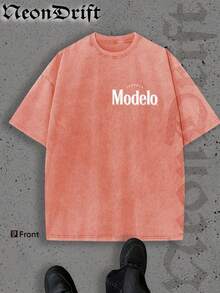 Y2K Style, Cool  UFO Elements, Outdoor Sports Vibe, Modern Street Style, Fashionable Pure Cotton Vintage Washed T-Shirt With Loose Fit, Unisex Design. A Perfect Surprise Gift For Family And Friends. Features Dropped Shoulder Sleeves + Crew Neck, Made Of High-Quality Batik Cotton, A Retro Fashion Brand T-Shirt. With Moderate Thickness, It's Ideal For Summer Wear And A Top Choice For Holiday Gifting. - Màu Cam san hô - Xem 2