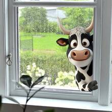 BRUP 1张好奇的偷窥奶牛窗贴，黑白卡通小牛，静电贴纸，适用于儿童房、客厅、厨房窗户，可移除的趣味农场动物主题艺术贴纸 - 多色 - 查看 6