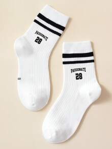 1双儿童袜子，四季皆宜，字母数字“28”印花图案中筒袜，女童袜，黑白条纹袜，柔软舒适，适合春秋季穿着，男童袜，适合上学和日常休闲穿着，简约运动中筒袜 - 彩色 - 查看 9
