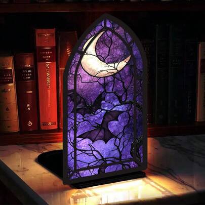2D Flat Design, 1pc Bat & Book Corner Statue - Gothic Acrylic Library Decor With Warm Lighting Effect, Suitable For Christmas, Valentine's Day, Thanksgiving - Reader's Desk Bookshelf Decor, Book Lover's Gift, Housewarming Present (Candle Not Included) Office Desk Accesorries Desk Accesorries Office Supplies Office Decor