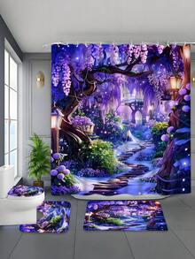 1/4pcs Mysterious Purple Wonderland Pattern Waterproof Bathroom Curtain Set, Includes Shower Curtain, Hooks, Anti-Slip Mat, U-Shaped Mat, Toilet Lid Cover, Thick Polyester Waterproof & Mildew Resistant - A - View 2