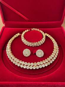 三件套时尚性感全镶钻多层项链、耳环、手链，新娘首饰套装，短款项链，圣诞礼物 - 彩色 - 查看 1