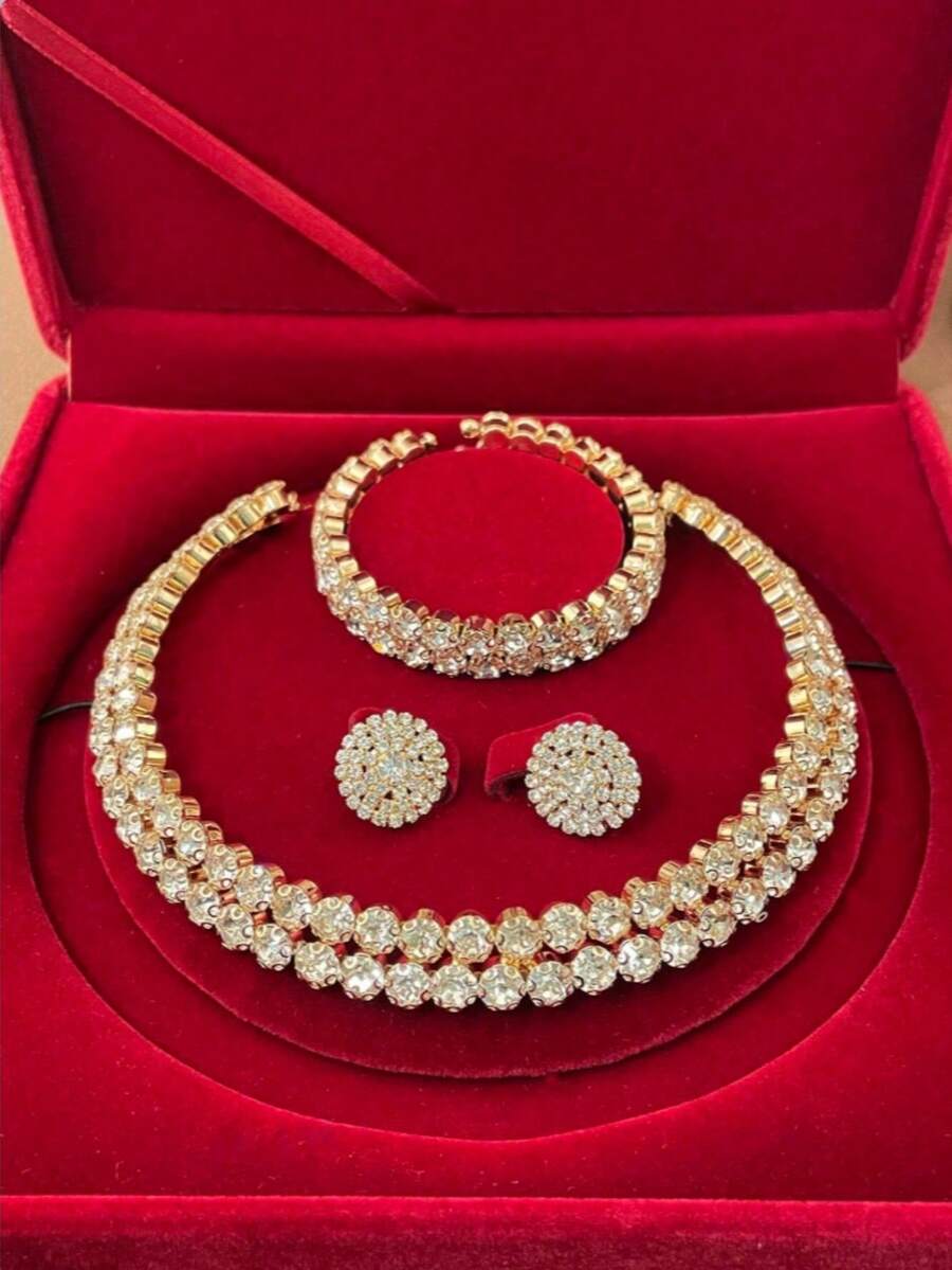 三件套时尚性感全镶钻多层项链、耳环、手链，新娘首饰套装，短款项链，圣诞礼物 - 彩色 - 查看 1