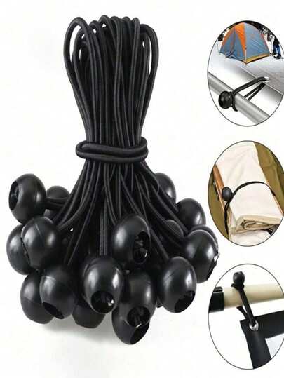 10 piezas/20 piezas Cuerda elástica de nailon resistente con ganchos de bola metálicos - Resistencia a la tracción de 55.34 Kg, cuerda elástica negra impermeable, adecuada para estacas de tienda de campaña, equipo de camping y equipo al aire libre, cuerda resistente y flexible, sujeción, artículos esenciales de camping | Diseño funcional | Clip metálico, cuerda artesanal