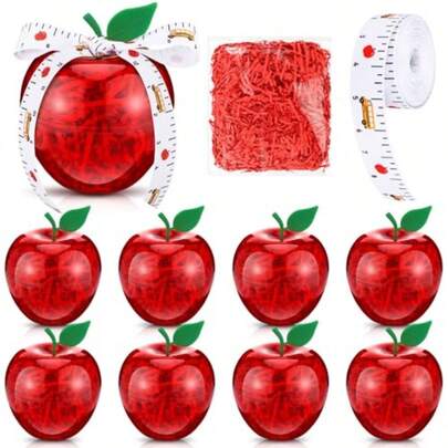 Juego de 8 recipientes de plástico para manzana con forma de manzana regalo de agradecimiento al profesor con cinta de regla para el regreso a la escuela bodas fiestas decoraciones de Navidad