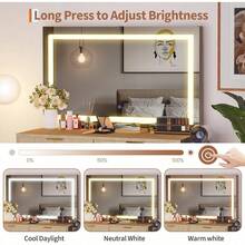 Escritorio de vanidad acanalado con espejo LED iluminado 3 colores 2 cajones toma de corriente puertos USB secador de pelo vestidor madera ligera moderna dormitorio niñas mujeres roble natural alta capacidad multifunción enchufe de pared diseño elegante - Roble natural - Ver 2