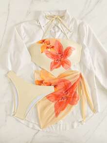 Women's Summer Beach Floral Print Halter Tie Bikini Set With Coverup And Skirt Vacation - Light Yellow - View 6