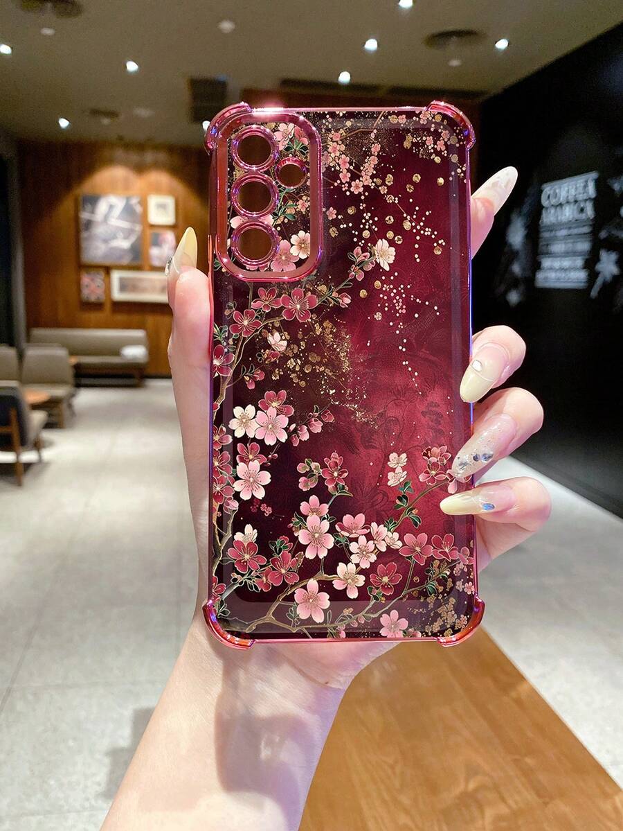 1pc Pink Cherry Blossom Anti-Fall Electroplated Camera Protective Phone Case, UV Printed, Suitable Compatible With Samsung Galaxy///// Android Models - Pink - View 1