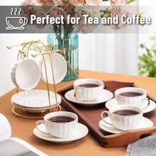 BTaT- Tazas de capuchino con platillos de 7 onzas con caja de regalo juego de 6 taza de café y platillo de porcelana blanca para café con leche con diseño de borde dorado apto para lavaplatos - Blanco - Ver 7