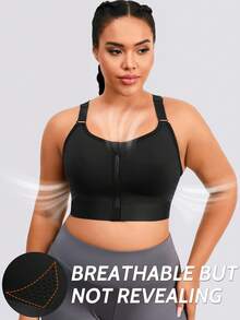 1pc Women Plus Size Sports Bra, Adjustable Back Support Lift Underwear, Front Zipper Casual Camisole For Spring/Summer - Black - View 2