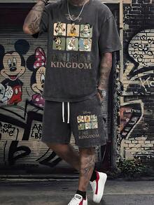 (2pc) Disney Mickey Mouse Graphic Print T-Shirt, Retro Washed 180g Pure Cotton T-Shirt And Retro Washed 290g Pure Cotton Shorts Set, Letter Print, Men's T-Shirt, Casual, Comfortable And Fashionable Cotton T-Shirt, Men's Summer Washed Pure Cotton Shorts - Black + Black - View 1