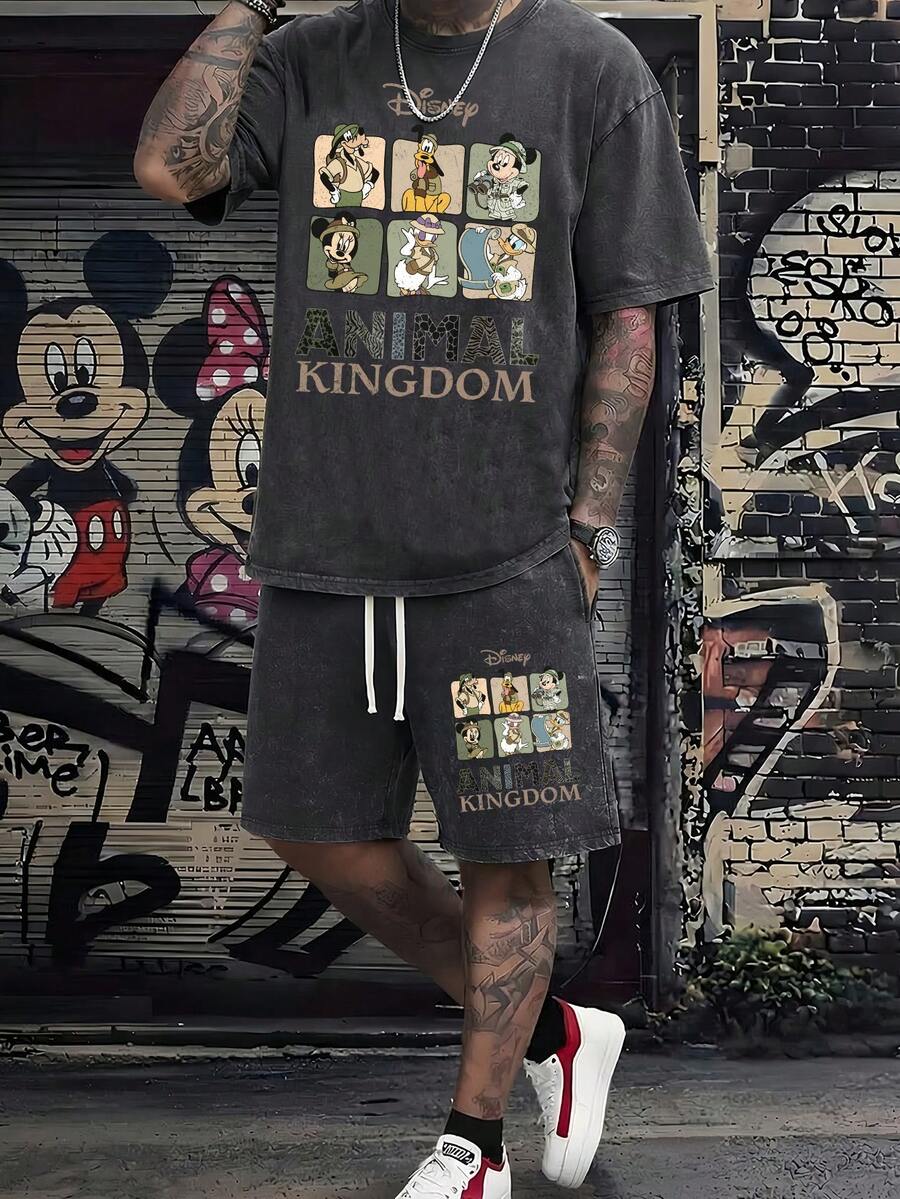 (2pc) Disney Mickey Mouse Graphic Print T-Shirt, Retro Washed 180g Pure Cotton T-Shirt And Retro Washed 290g Pure Cotton Shorts Set, Letter Print, Men's T-Shirt, Casual, Comfortable And Fashionable Cotton T-Shirt, Men's Summer Washed Pure Cotton Shorts - Black + Black - View 1