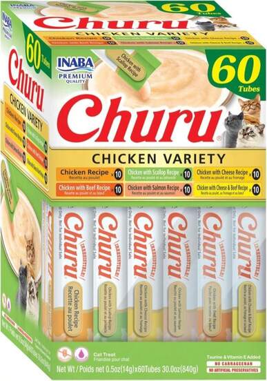 INABA Churu Cat Treats, Grain-Free, Lickable, Squeezable Creamy Purée Cat Treat/Topper With Vitamin E &Amp; Taurine, Each 0.5 Ounce (Pack Of 50), 50 Tubes, Chicken &Amp; Seafood Variety